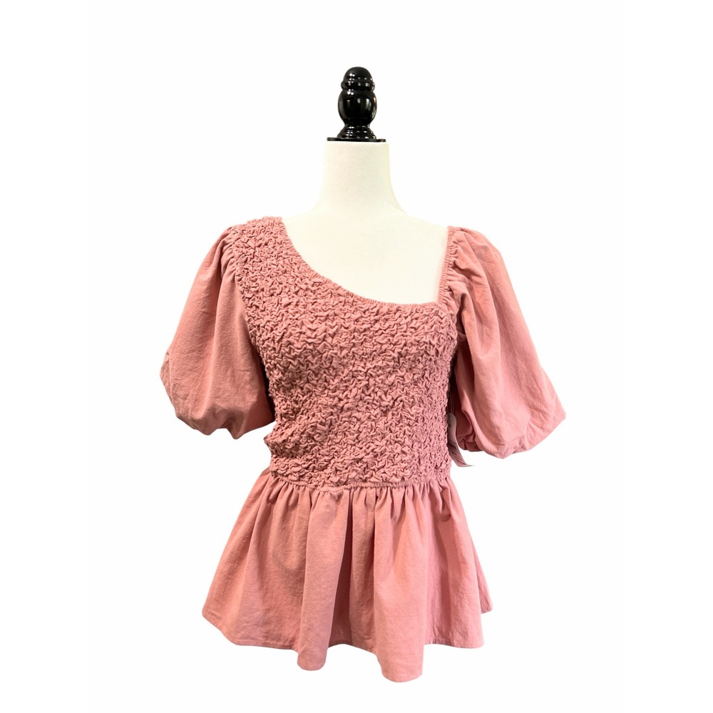 Arula Pink Smocked‎ Puff‑Sleeve Asymmetrical Neckline Cotton Blouse Women's 1X